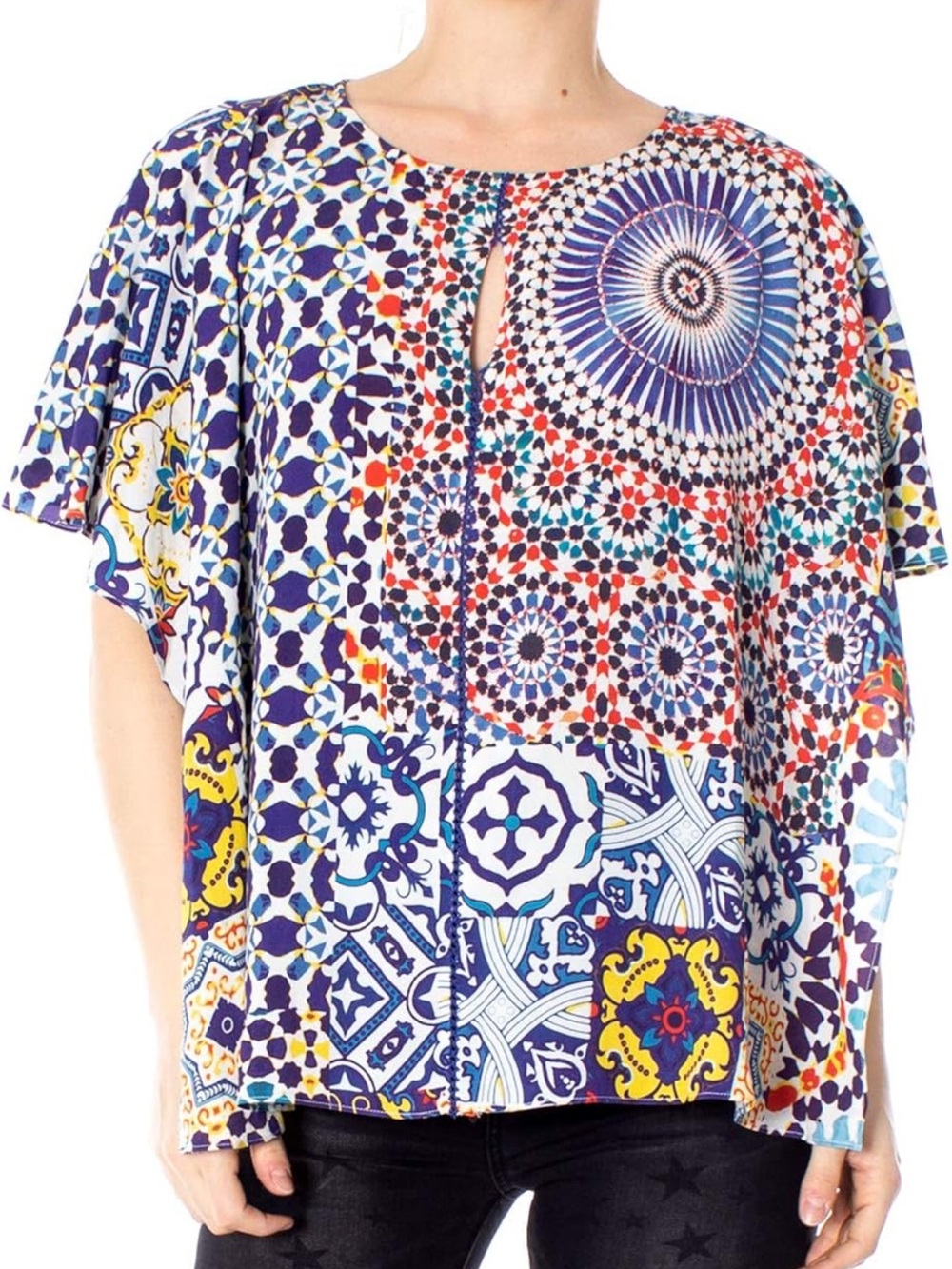 Desigual XL 100% Viscose Azulejo Cape Overlay Layered Boho Blouse